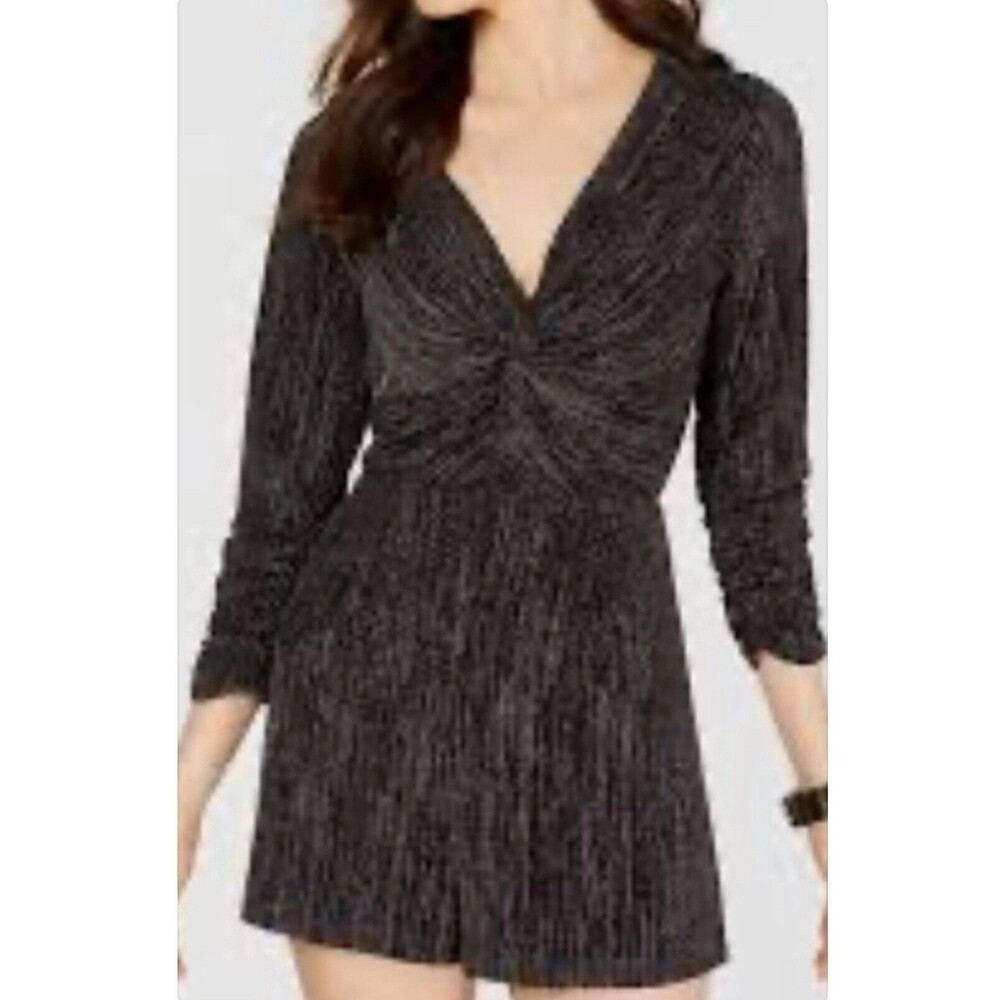 19 COOPER Womens Black Metallic Twisted 3/4 Sleeve V Neck Romper M